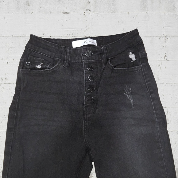 KanCan Black Denim Distressed High Waisted Fringe Fray Hem Skinny Jeans Size 25 - Picture 5 of 8